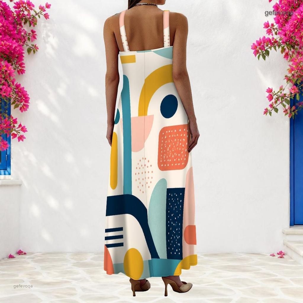 Women Plus Size Scoop Neck Strappy Sleeveless Gray Black Geometric Printed A Line Long Dress