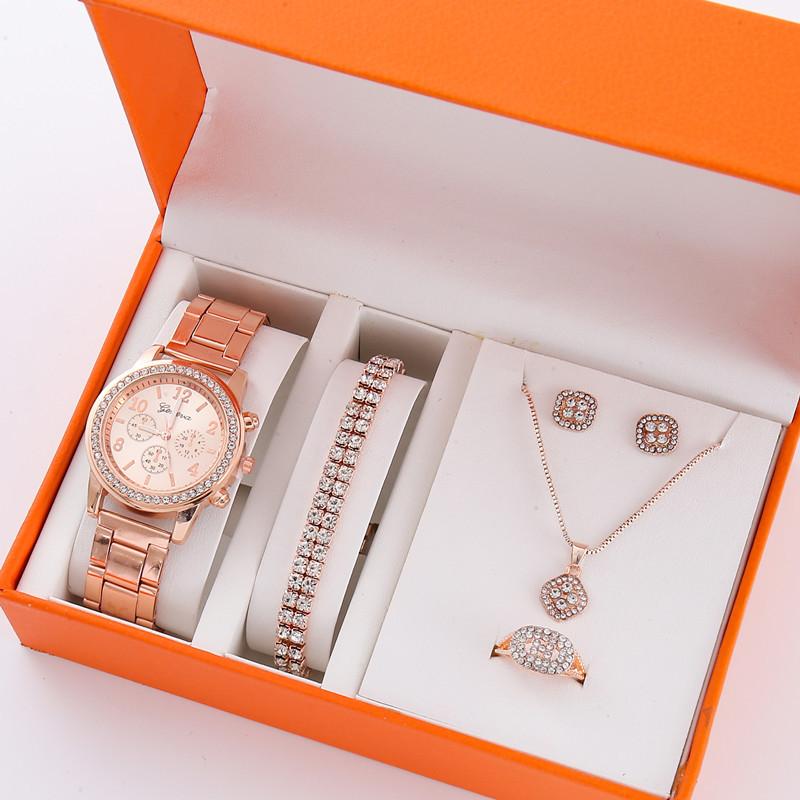 5Pcs/Set Steel Belt Women'S Watch, Fake Three-Eye Women'S Casual Quartz Watch Set (Orange Box)