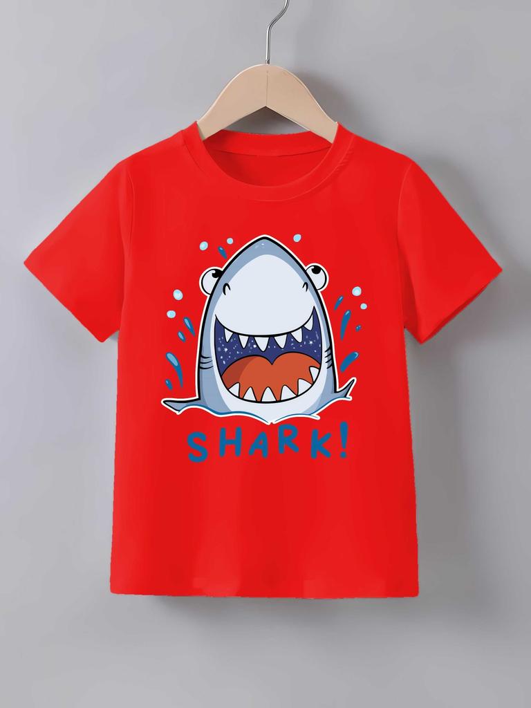 Big Mouth Shark Cartoon Print T Shirt Family Matching Outfit Boys Girls Kids Short Sleeve Sea Creature Children Daily Tees