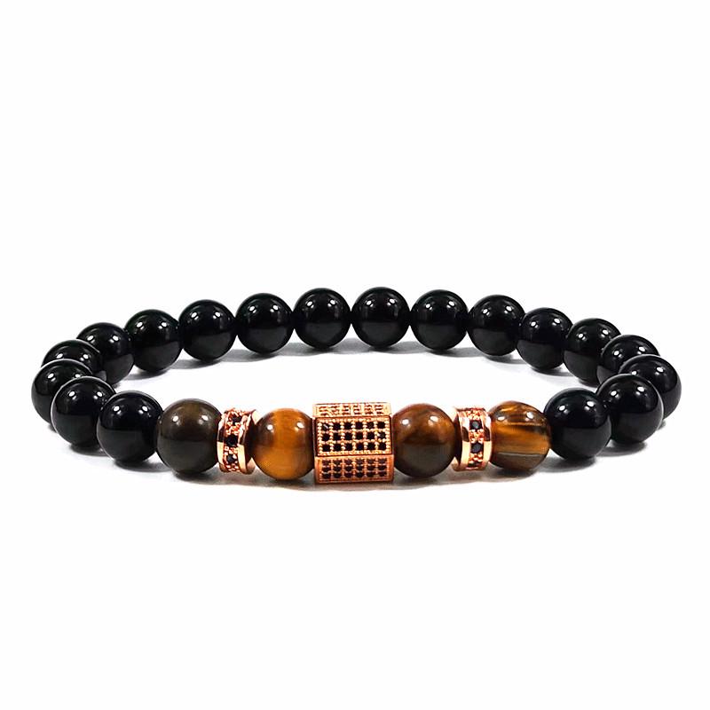 Men's Tiger Eye & Obsidian Copper Bracelet with Zircon Inlay