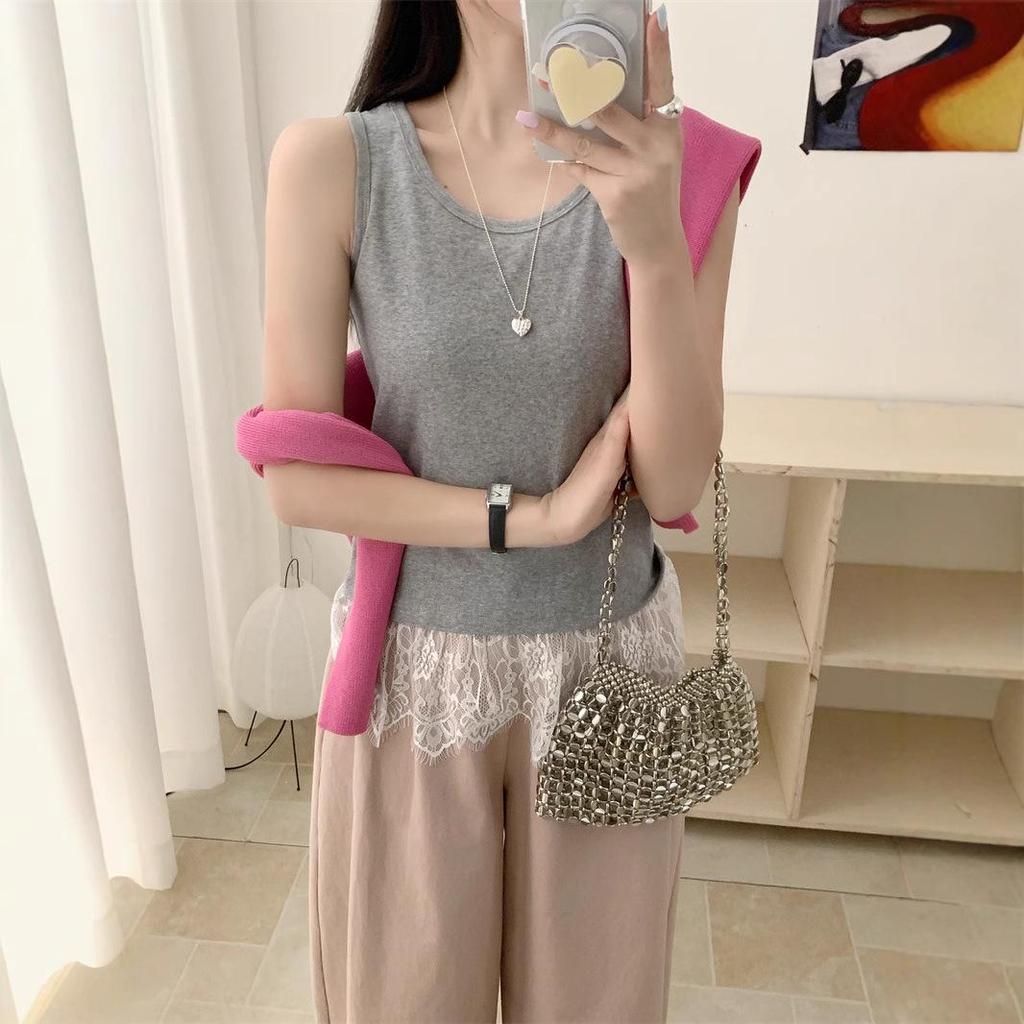 Frühling/Sommer 2025 Damen Ärmelloses Layering-Top mit Spitzensaum