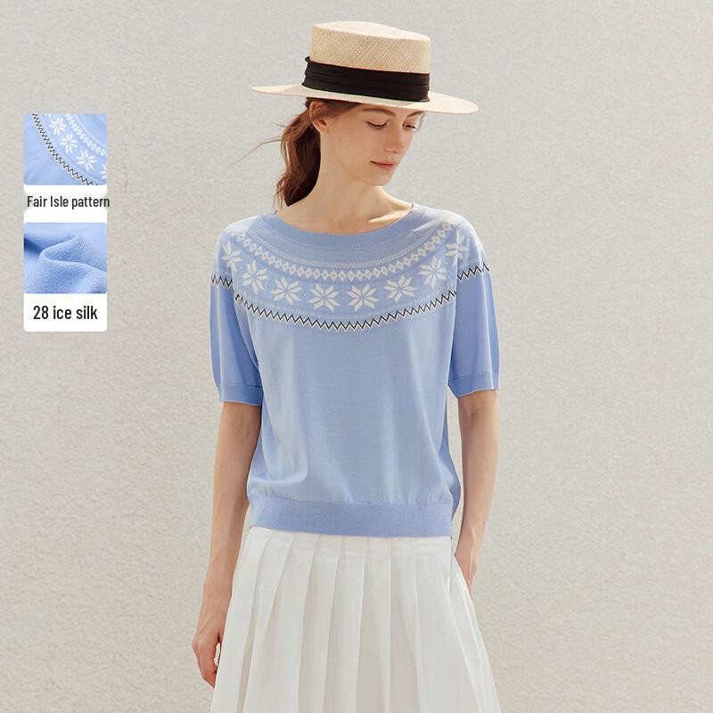 INMAN Retro Fair Isle Ribbed Round Neck Short Sleeve Top L