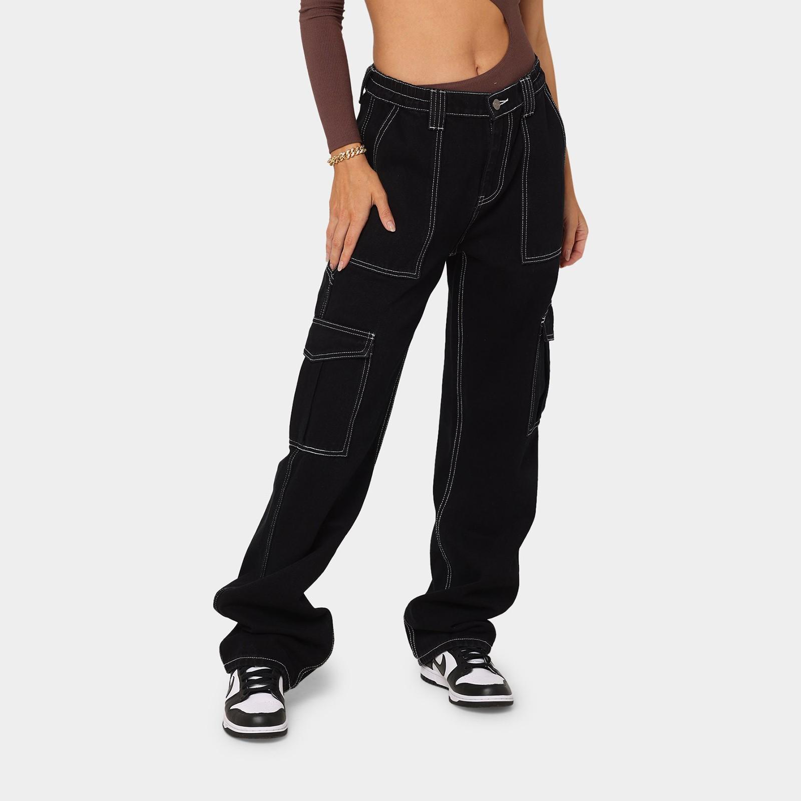 

Женские прямые свободные широкие брюки-карго с несколькими карманами, повседневные джинсы для женщин L чёрный