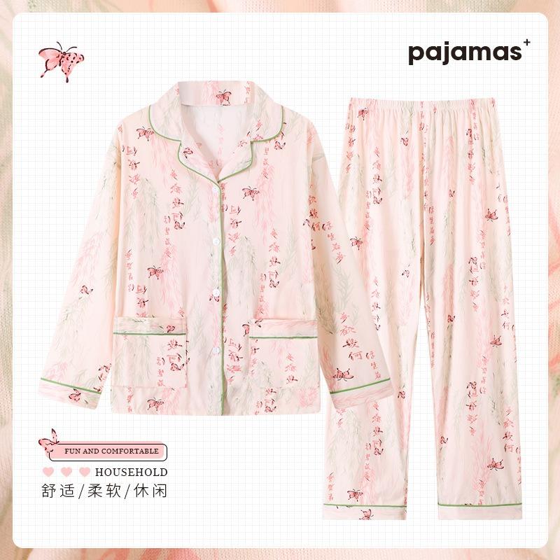 Shuxin floraler Baumwollimitat-Pyjama Frühling und Herbst dünn Mutter locker Übergröße Loungewear Langarm-Set