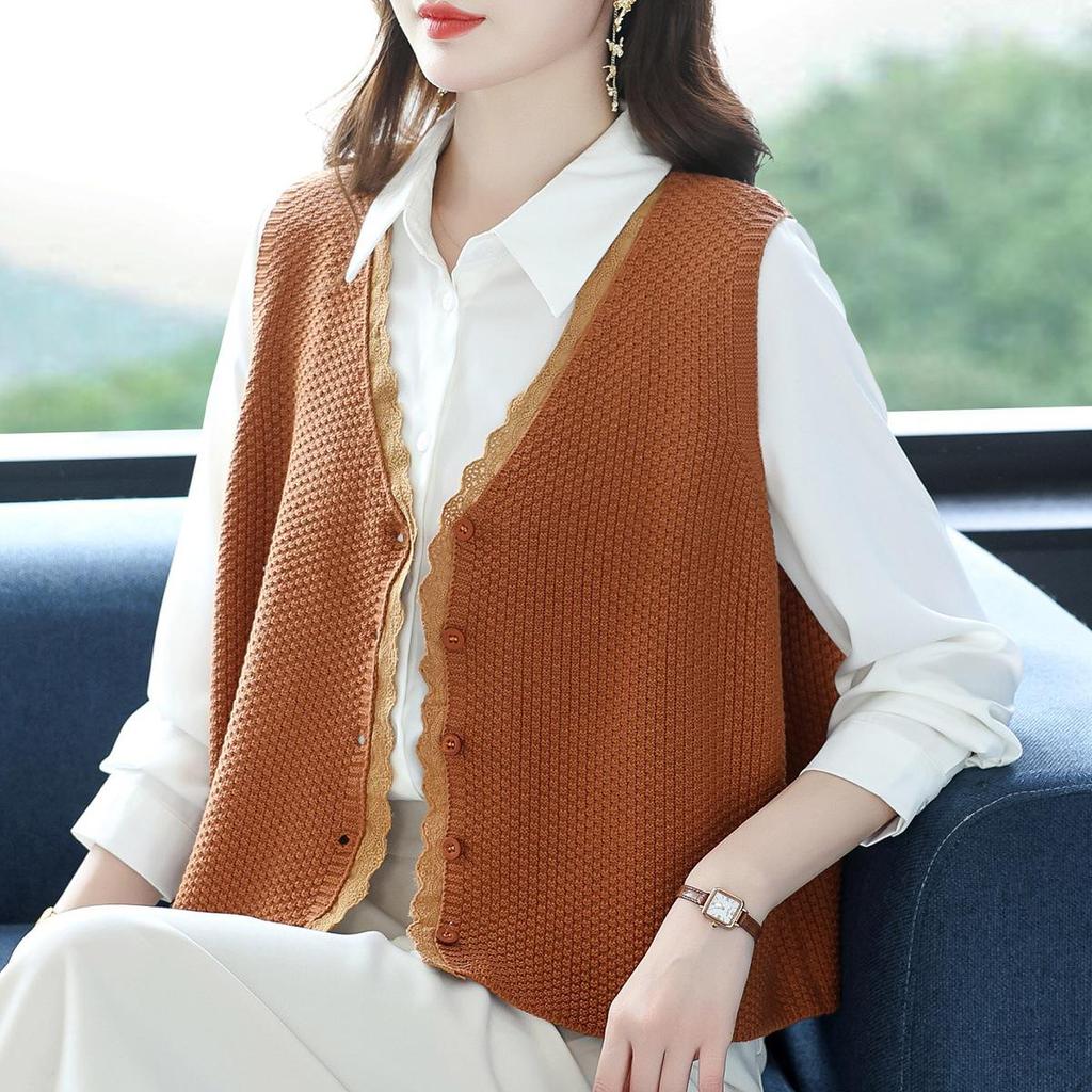 Dzianinowa kamizelka swetrowa z dekoltem w serek i koronkowym wykończeniem - Damska modna kamizelka bez rękawów na wiosnę/jesień dla mam w średnim wieku