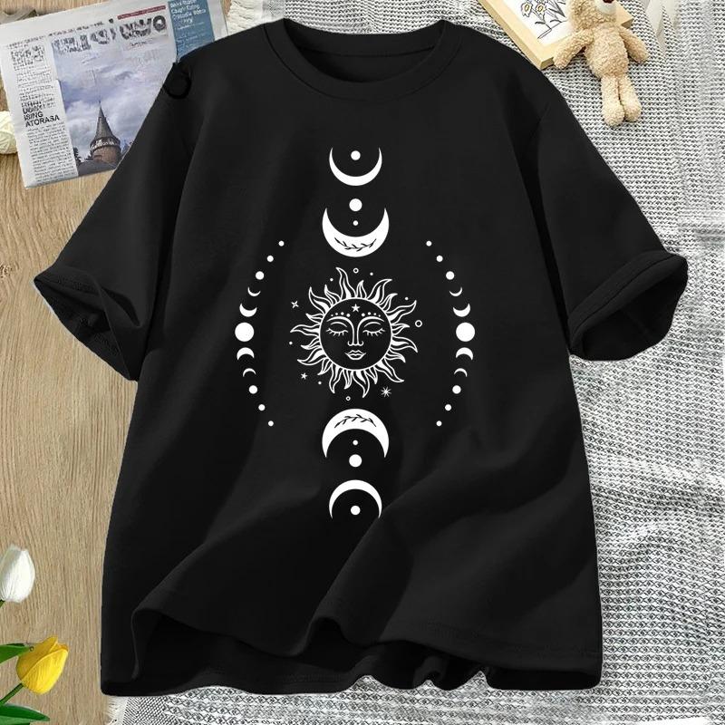 Sun and Moon Pritned T Shirt Celestial Boho Mystical Tshirt Magic Moon Short Sleeve Tshirt Women Harajuku Cotton Tee Streetwear