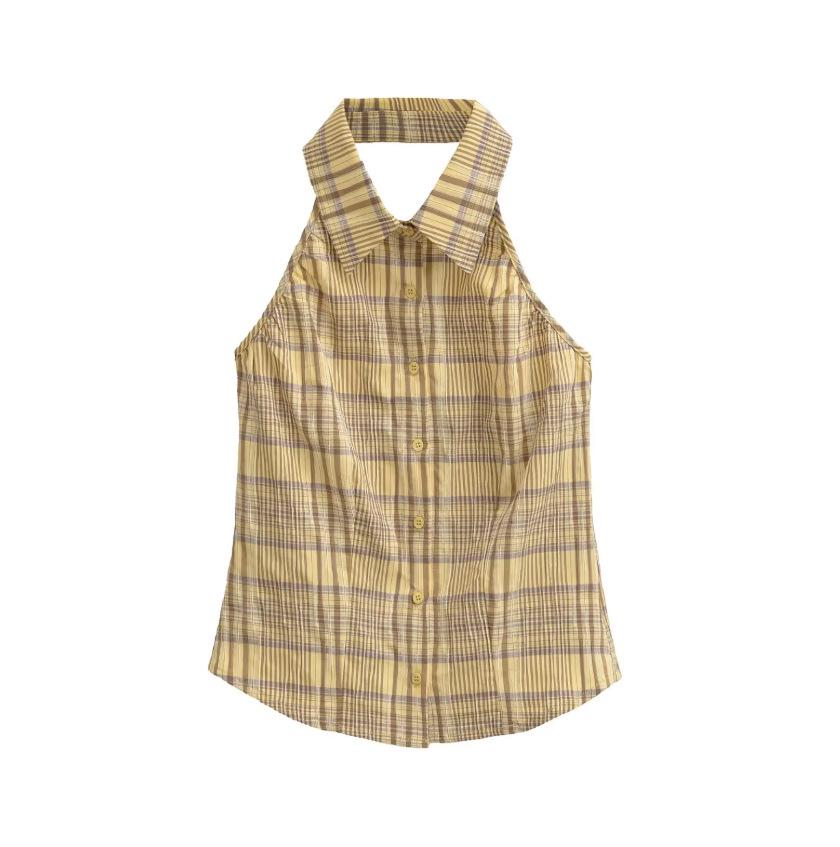 Women's Yellow Plaid Halter Vest & Elastic Waist Shorts Set - Summer 2026