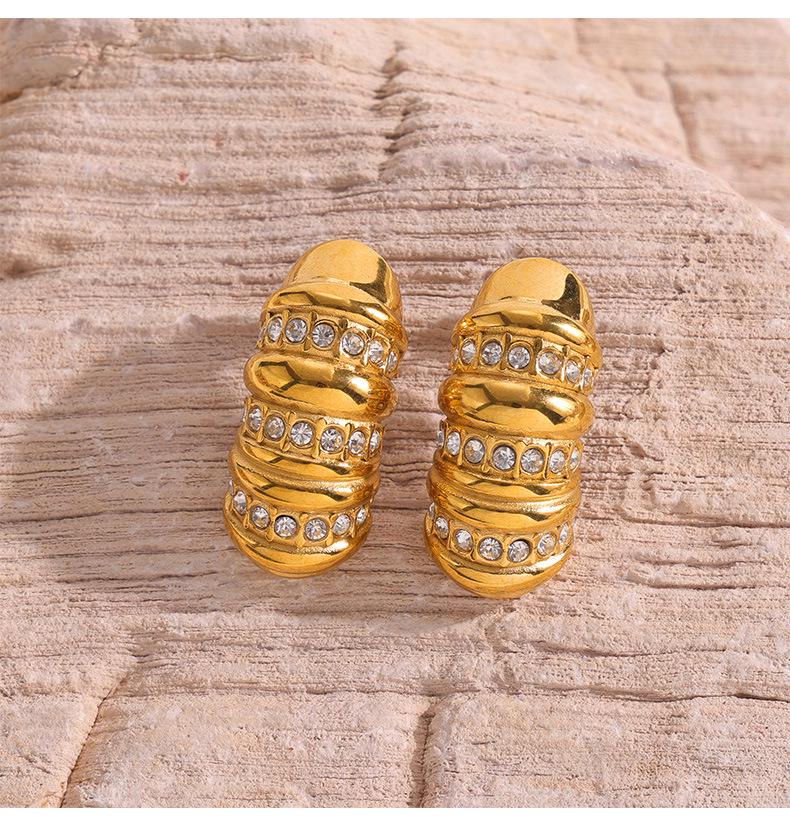 European-American Textured Design Earrings: Creative Diamond-Inlaid 18K Gold Plated Titanium Steel