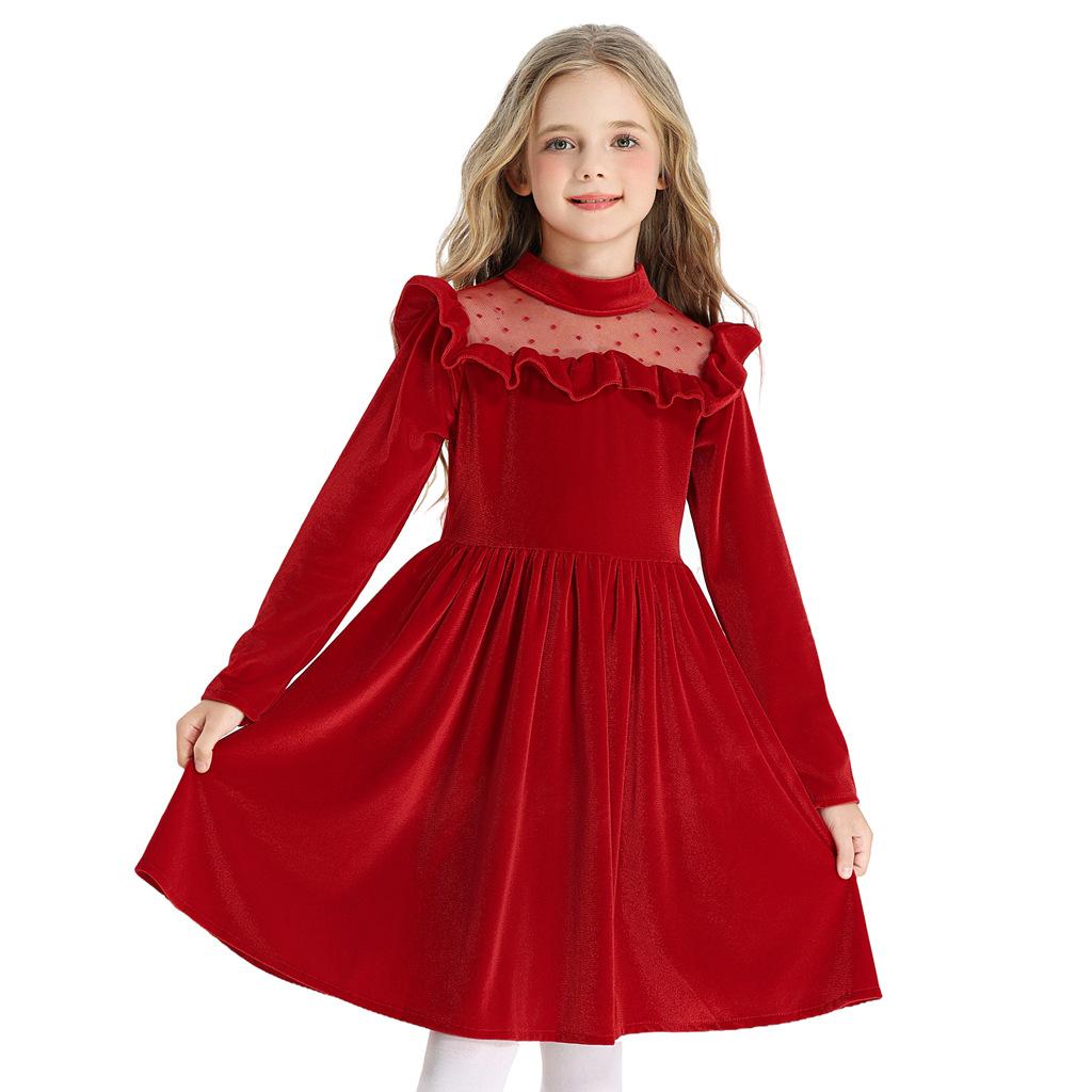 2026 ruffle edge long sleeve dress princess christmas costume party performance clothes children's dress girls mesh yarn