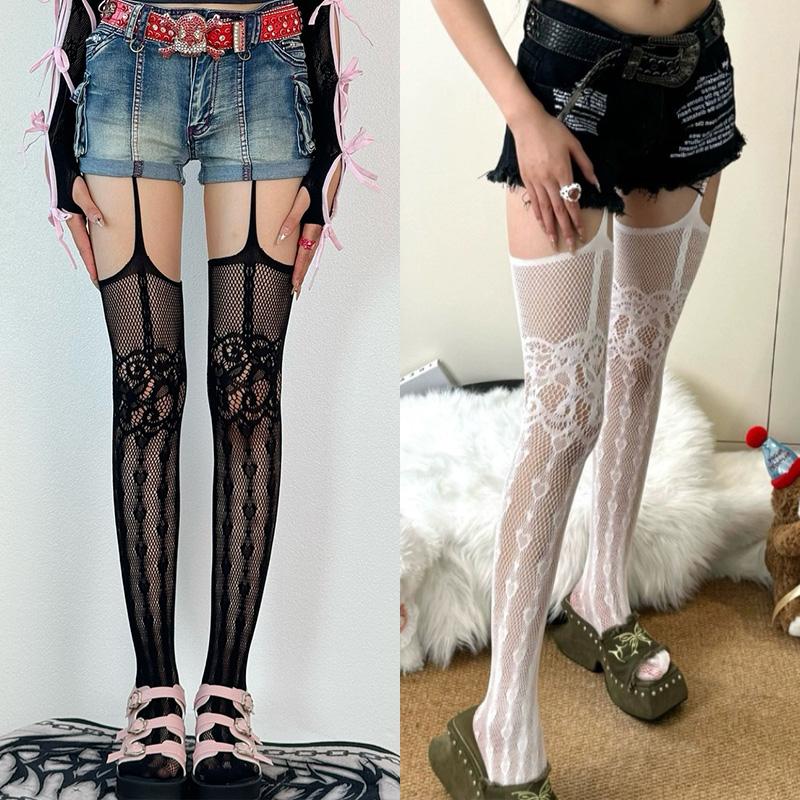 1/2 Pairs Y2K Style Fishnet Suspender Stockings Women Hollow Out Mesh Jacquard Garter Belt Tights Love Heart Pattern Jk