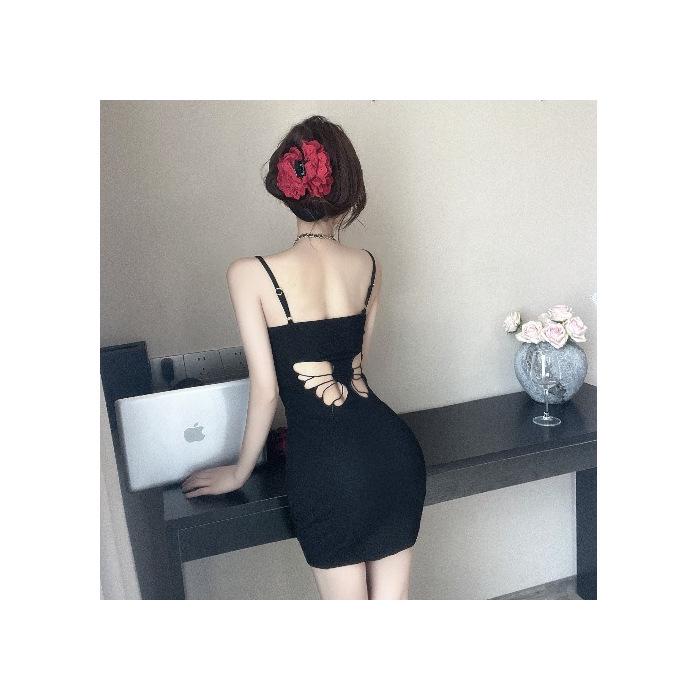 

Сладкое и пикантное облегающее платье мини с открытой спиной и бабочкой - Летнее мини для миниатюрных фигур со спагетти-бретелями, подчеркивающими талию Large чёрный