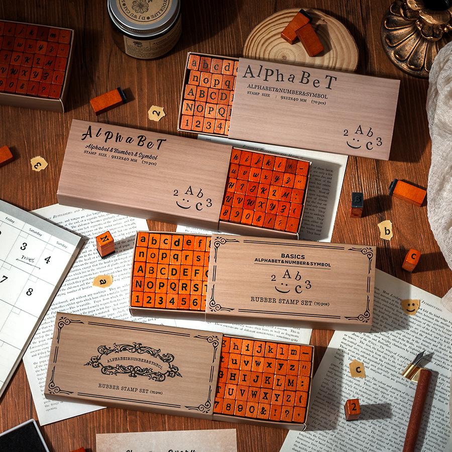 70-Piece Retro Wooden Stamp Set with Uppercase/Lowercase Letters, Numbers & Symbols