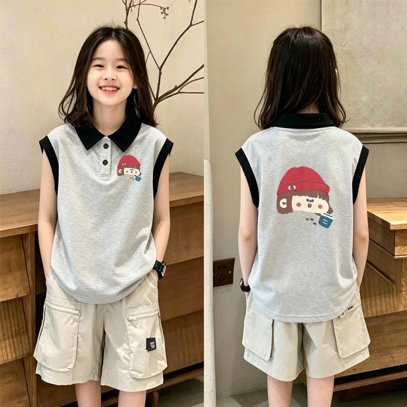 Korean Style Girls' Cotton Color Block Polo Vest - Summer 2026 Children's Sleeveless Patchwork Top