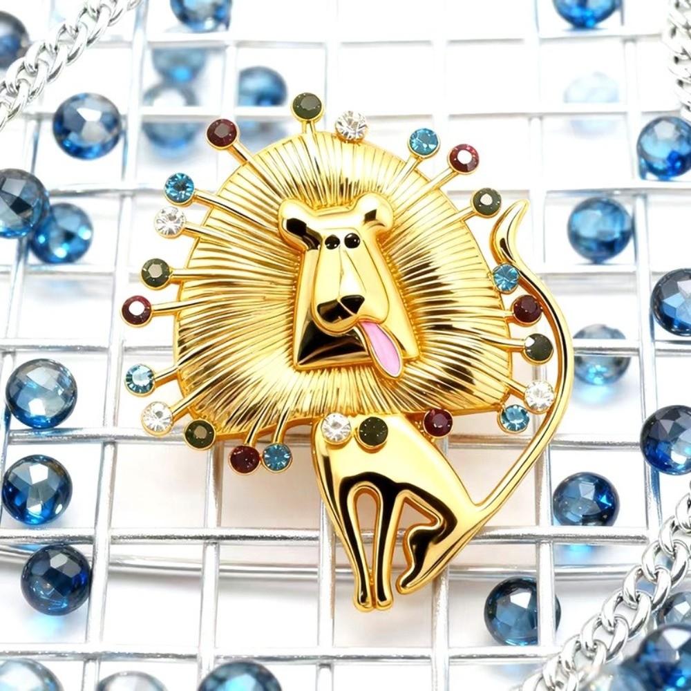 Irregular Banquet Clothes Metal Pin Vintage Glaze Badge Pin Lion Rhinestone Brooch  Female