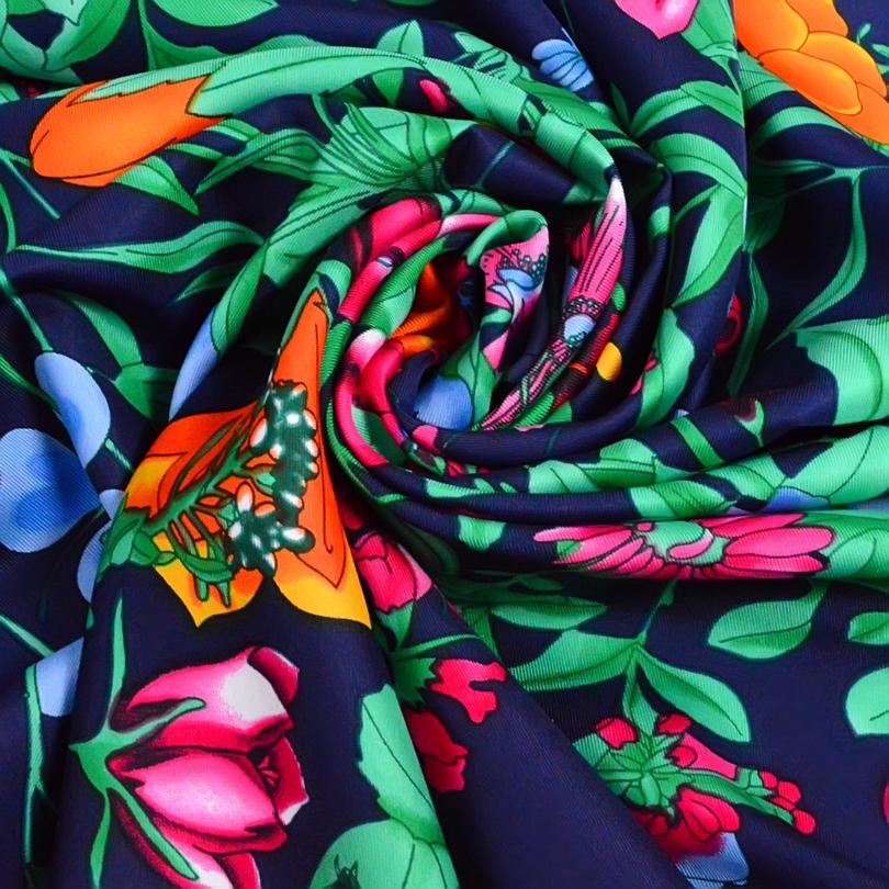 [BYSIFA] Black Plaid Letters Twill Scarves  New Floral Design Fine Hand-hemming Ladies Large Square Silk Scarf Shawl 90*90cm