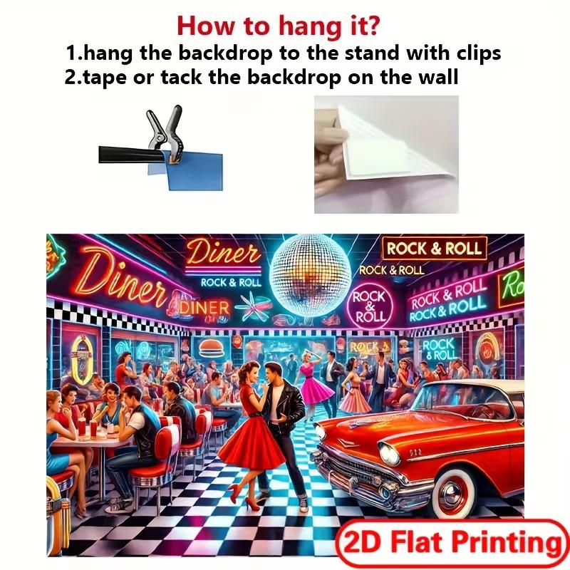 2D Vintage 1950s Diner Backdrop Rock & Roll Party Photo Background Cloth