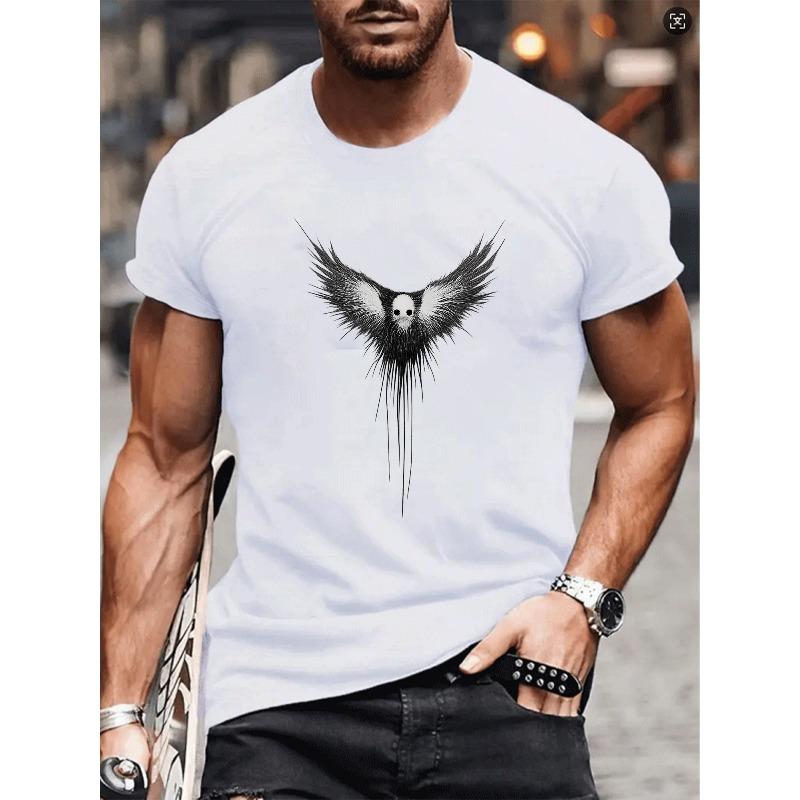 Europäische Größen Schwarz und Weiß Totenkopf Flügel Bedrucktes Muster Design, Herren Freizeit Kurzarm Rundhals Bedrucktes T-Shirt