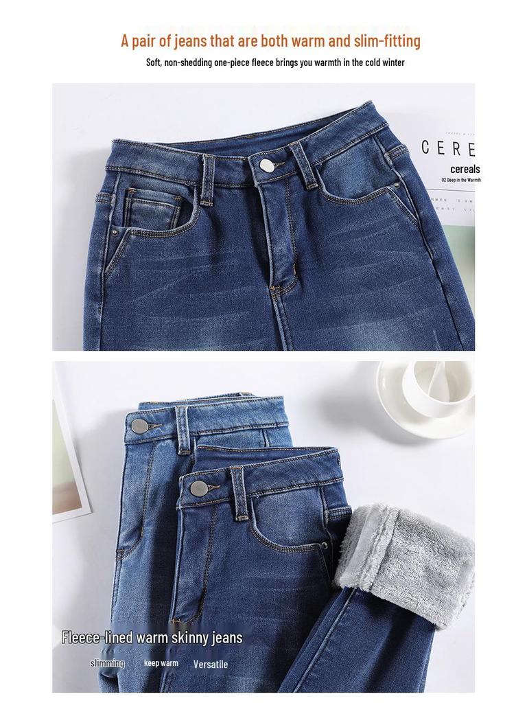 Plus Size Fleece-Lined High Waist Skinny Jeans for Women, Slim Fit Autumn Winter Pants
