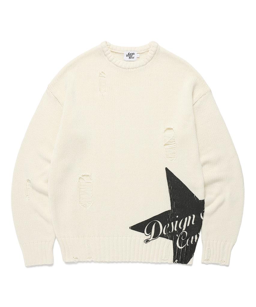 CAVISH W Damaged Star Knit Crewneck Ivory(Cv2Dffk601A)