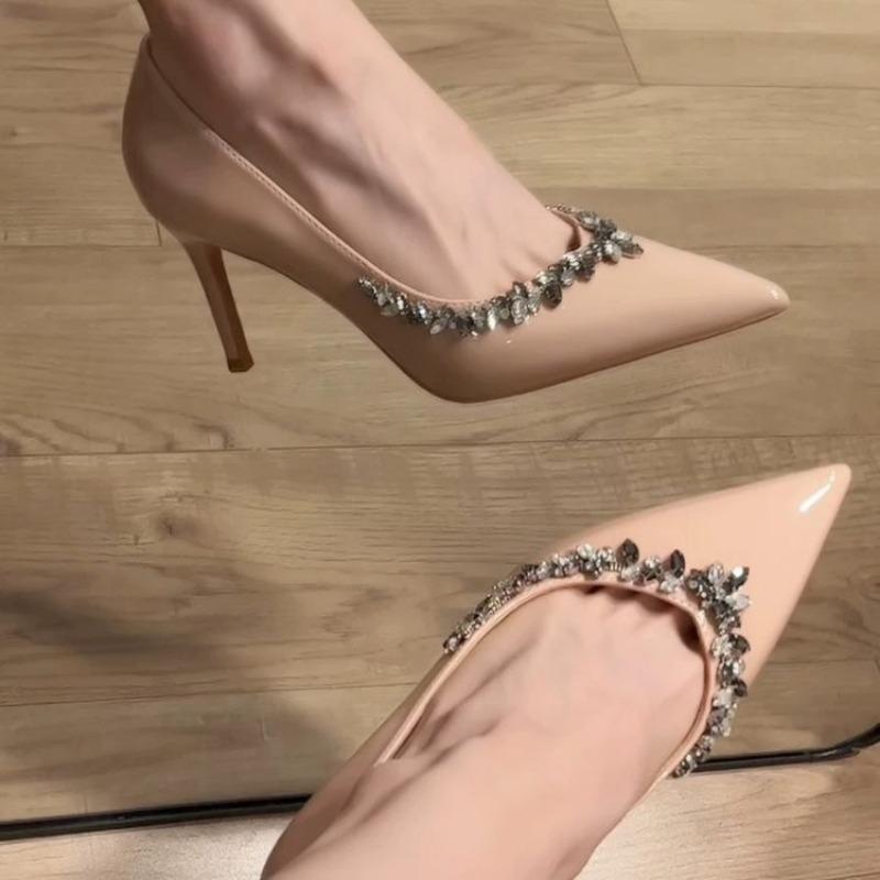 

New summer word with nude high heels pointed sexy rhinestones beautiful temperament versatile sandals women 40 абрикосовый