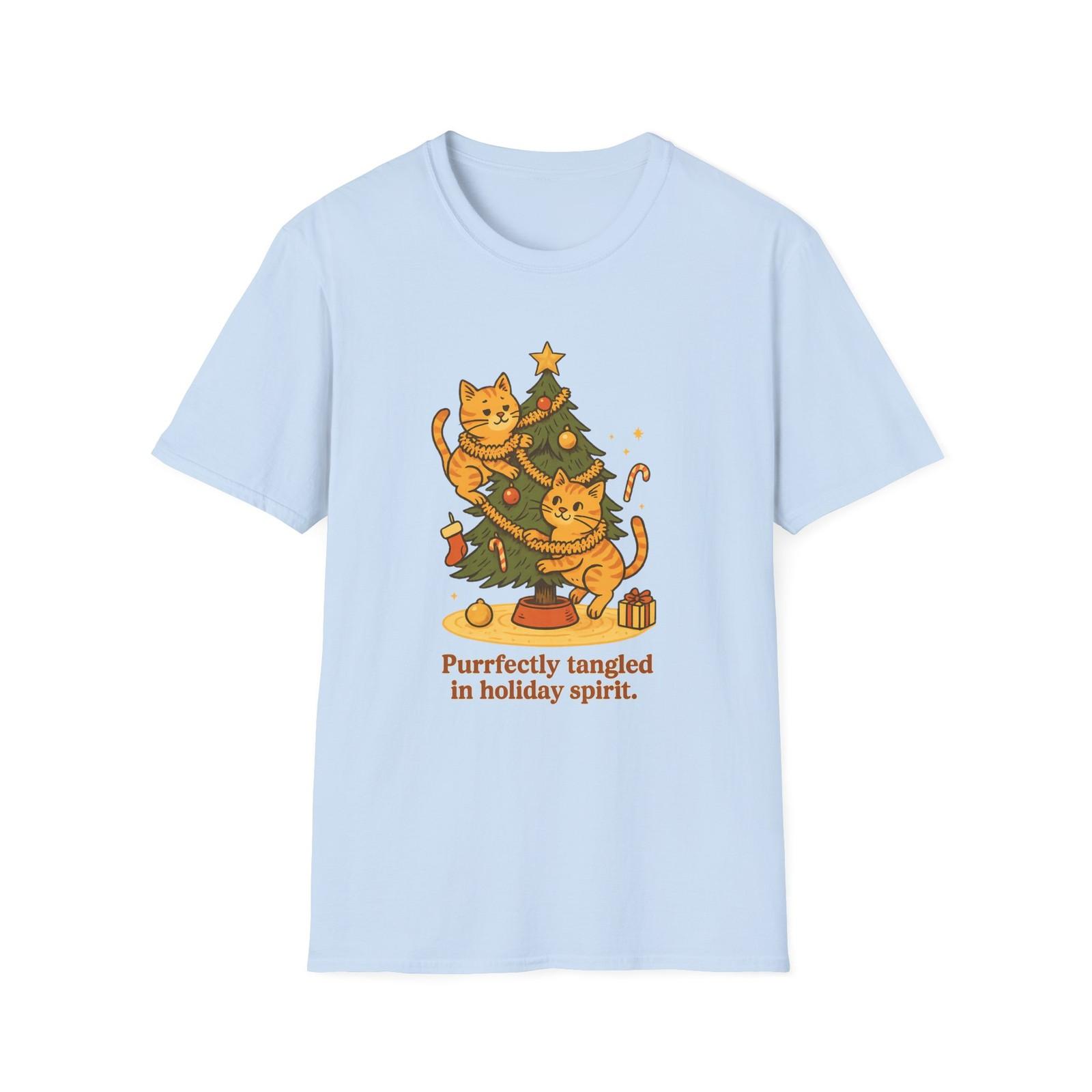 Unisex Softstyle T-Shirt Mens Womens Tees Top Mischievous Cats Tree “Purrfectly Tangled” Christmas S