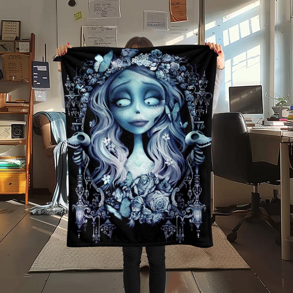 1Pc Corpse Bride Cartoon Print Flannel Blanket, High Quality Comfortable for All Seasons, Home Decor, Warmth and Comfort, Perfect for Gifts