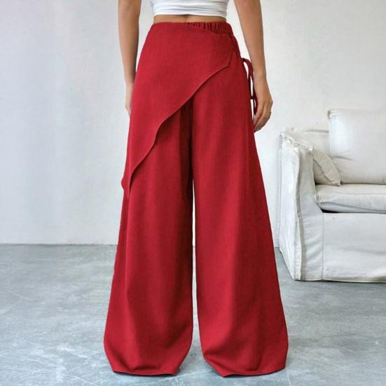 Yousheng Women Long Pants, Oversized Wide Leg Trousers with Apron Decor, Pure Color Elastic Waist Casual Pants for Daily Commuting