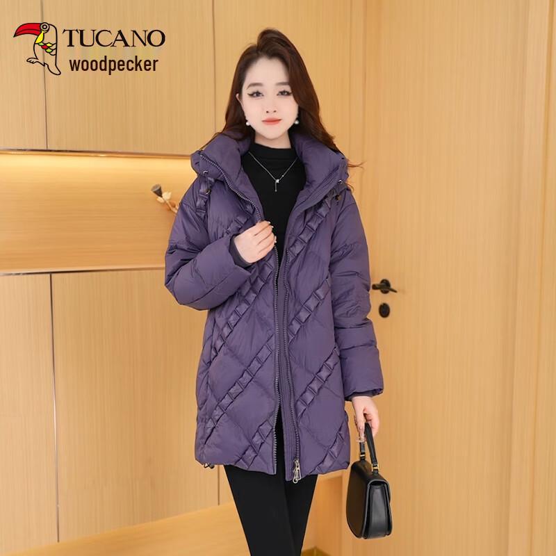Woodpecker Damen Daunenjacke im koreanischen Stil mit Kapuze, mittellang