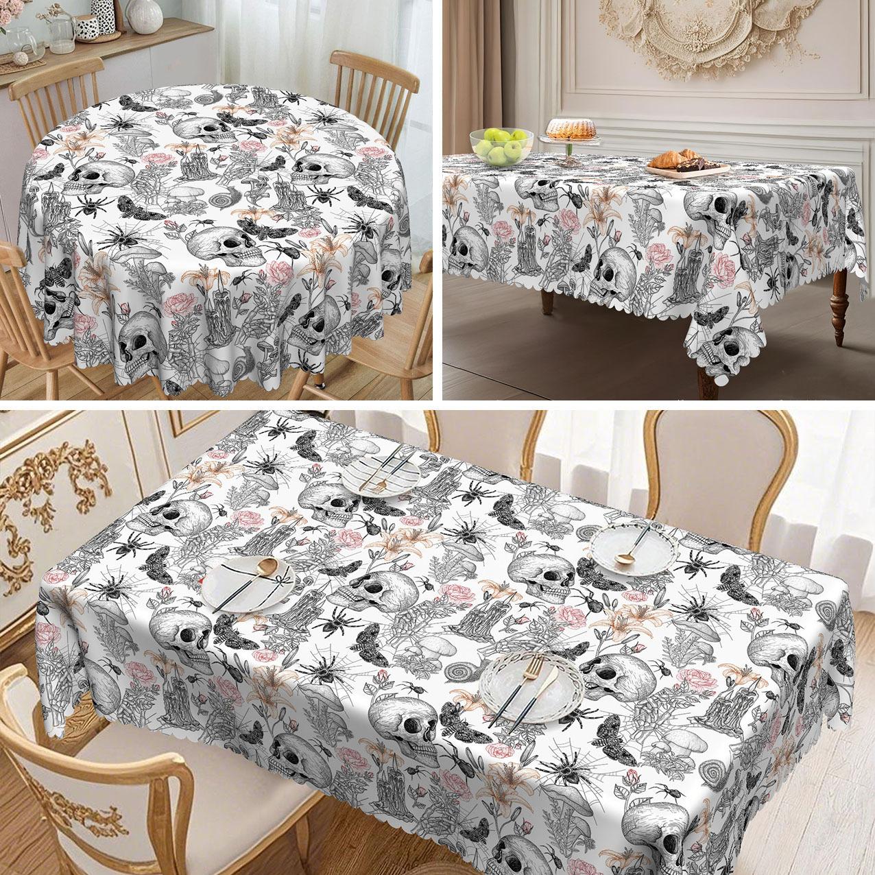 

1 Piece Vintage Halloween Skull And Plant Floral Design Tablecloth, Suitable For Family Kitchens, Dining Rooms Round tablecloth-152x152cm