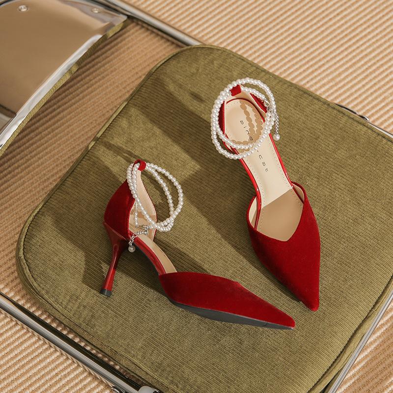 

82312 red high heels women s stiletto spring 2025 new pointed wedding shoes pearl straps daily single shoes 34