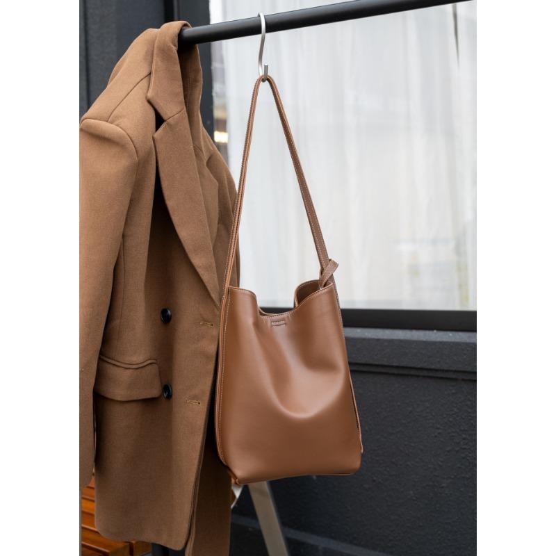 Genuine Leather Single-shoulder, Double-shoulder Crossbody Bag, High-end, Simple Cowhide Bag, Bucket Bag