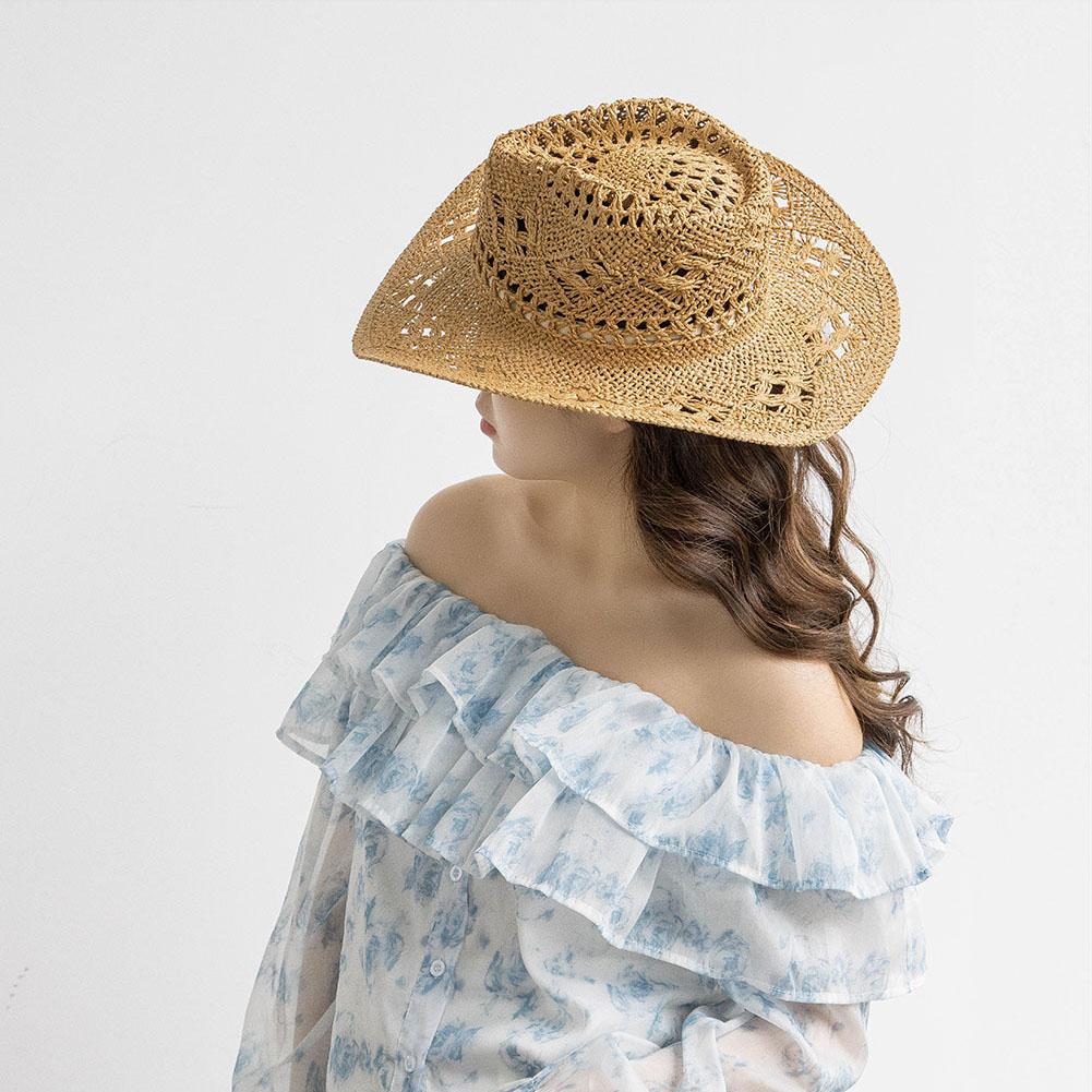Hand-woven Western Cowboy Straw Hats Summer Outdoor Men Women Wide Brim Breathable Beach Jazz Cap Sun Protection Hat
