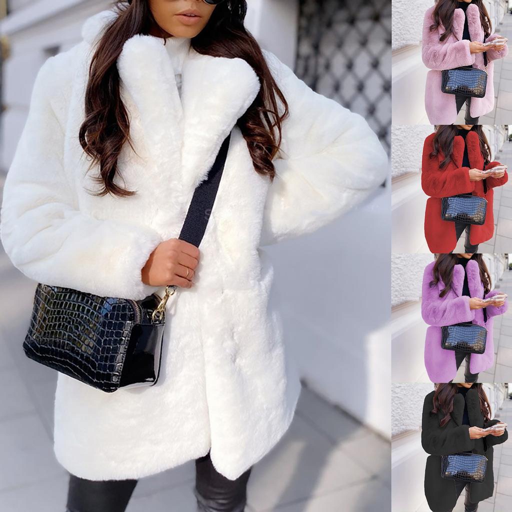 Women's  And Winter Long-Sleeved Lapel Coat Solid Color Warm Coat