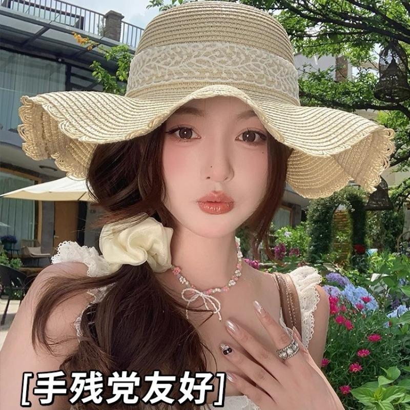 Wave edge bow straw hat women's summer vacation wind seaside beach hat sunshade sun protection hat lace straw hat