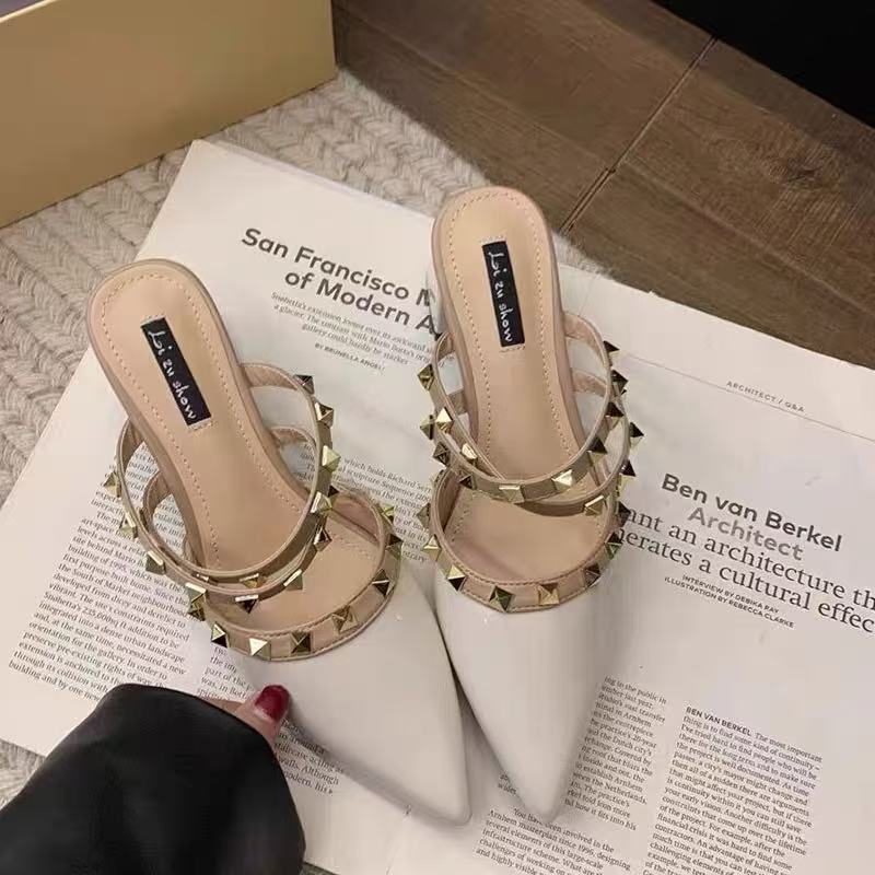 

Туфли на высоком каблуке с открытой пяткой, женские остроносые крутые шлепанцы, весна-лето, с юбкой, заклепки, толстый каблук, женская обувь 35