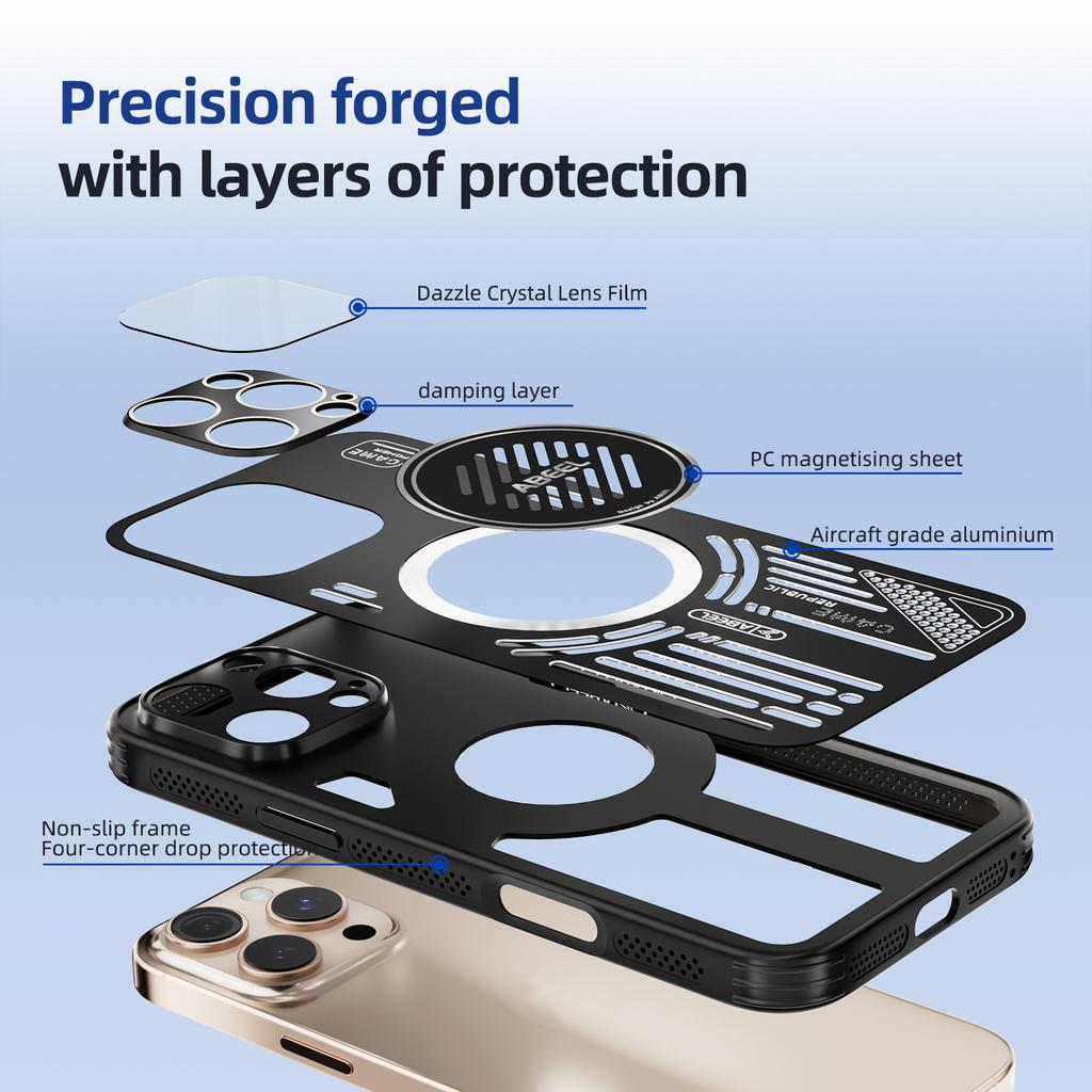 For iPhone 16 Pro Max Magnetic Case Aluminium Alloy+PC+TPU Hollow Heat Dissipation Phone Cover