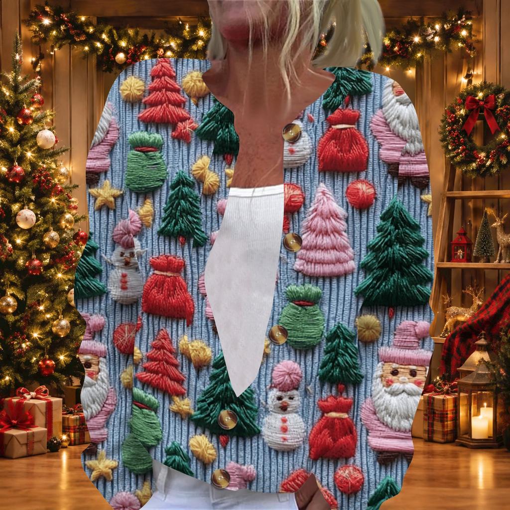 Women's Christmas Print Long Sleeve Knit Cardigan with Button Front