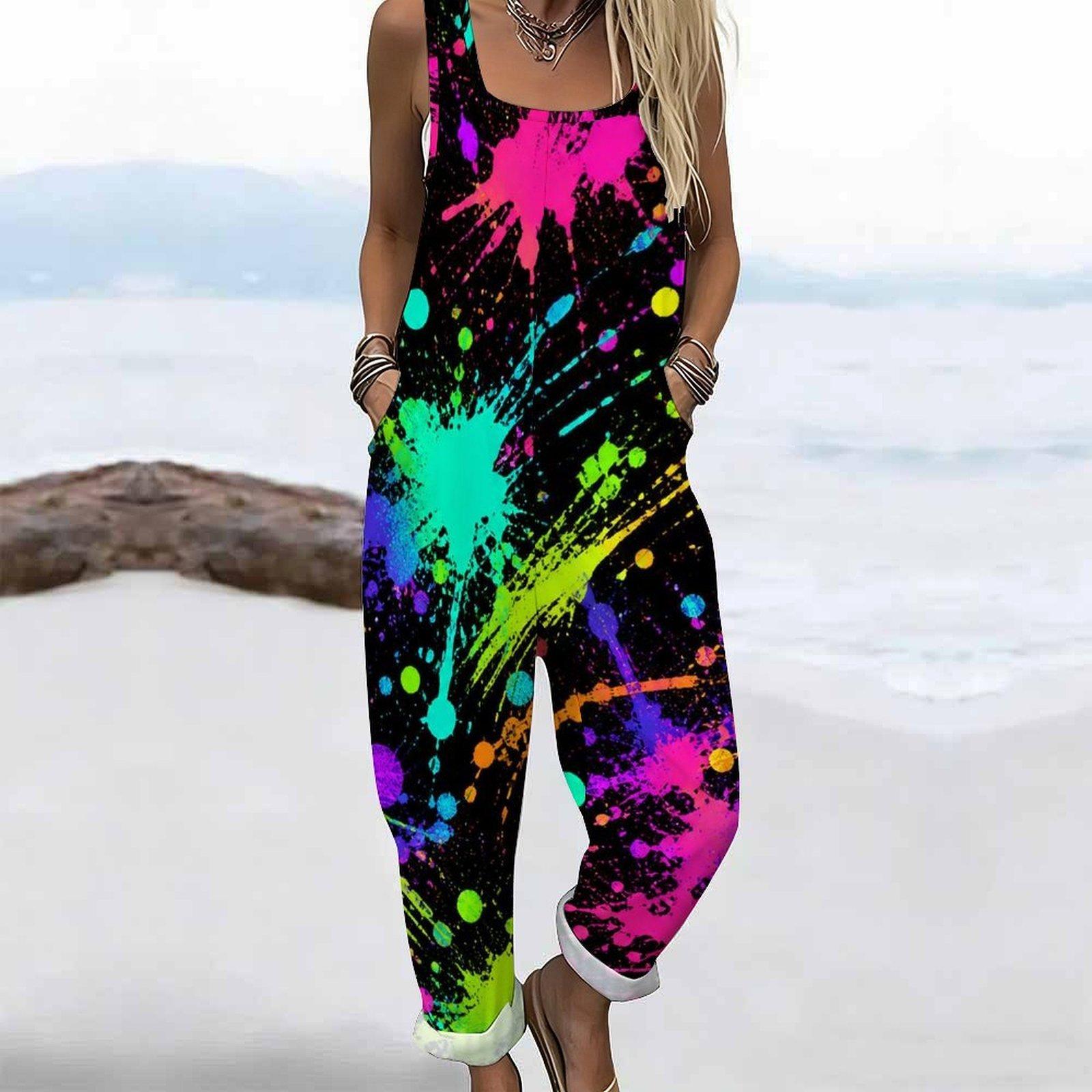 Damen Übergröße Quadratischer Ausschnitt Ärmellos Schwarz Gold Bedruckter Lockerer Jumpsuit Mit Taschen Bündchen am Knöchel 8XL black