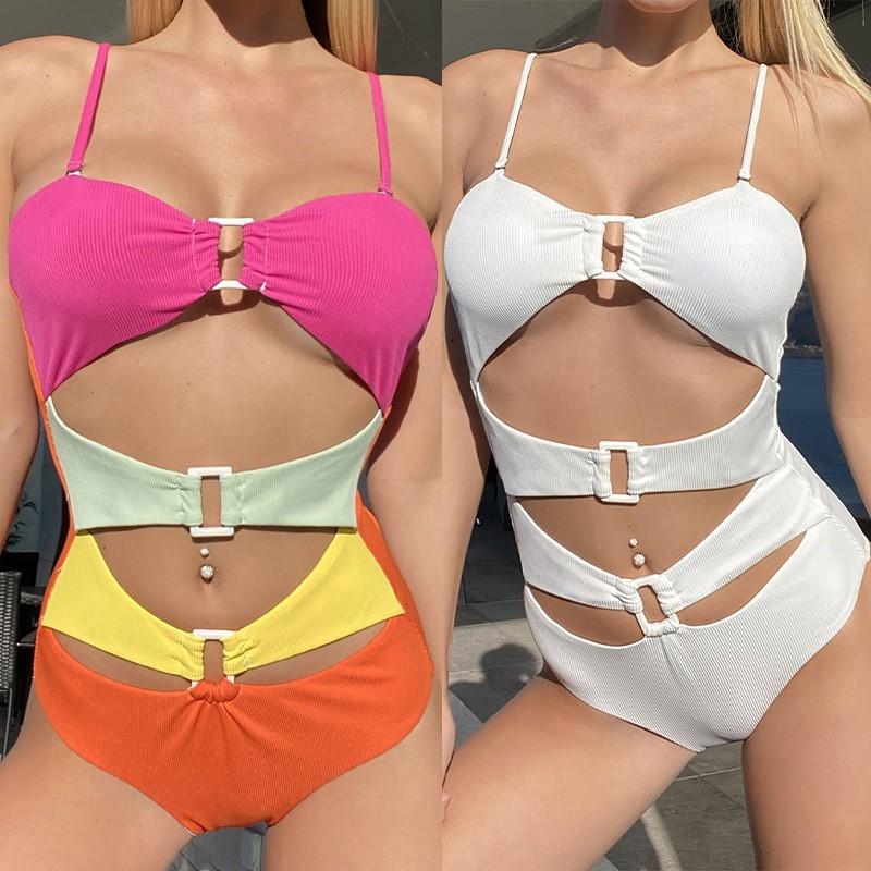 Personalized High Waisted One-piece Swimsuit Female Sexy Bikini Suspender Contrasting Color Beach