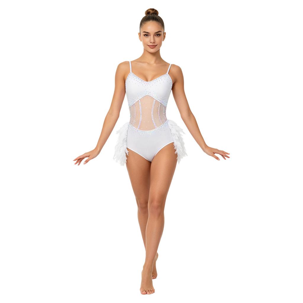 Womens Latin Dance Leotard Fuzzy Feather Skirt