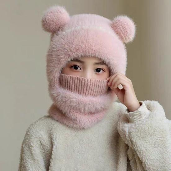 Children Hat with Face Guard Double Plush Ball Decor Solid Color Windproof Ear Protection Baby Hat Woolen Knitted Hat