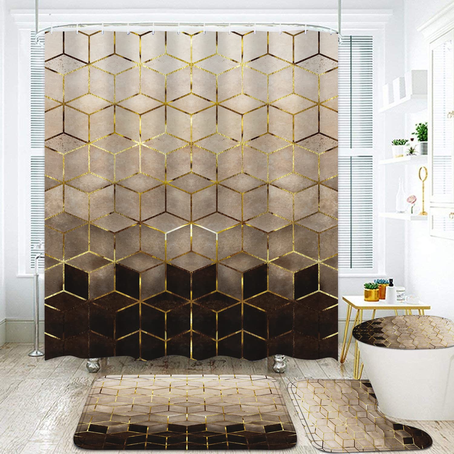 VIKAMA Brown Shower Curtain Set Modern Geometric Shower Curtain Set Gold Cube Lines Artistic Texture Bathroom Decor with Hooks 90X180C(3X5.9FT)