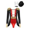 Womens Ringmaster Costume Set Sequin Patchwork Fringed Bodysuit Hat Bow Collar Gloves