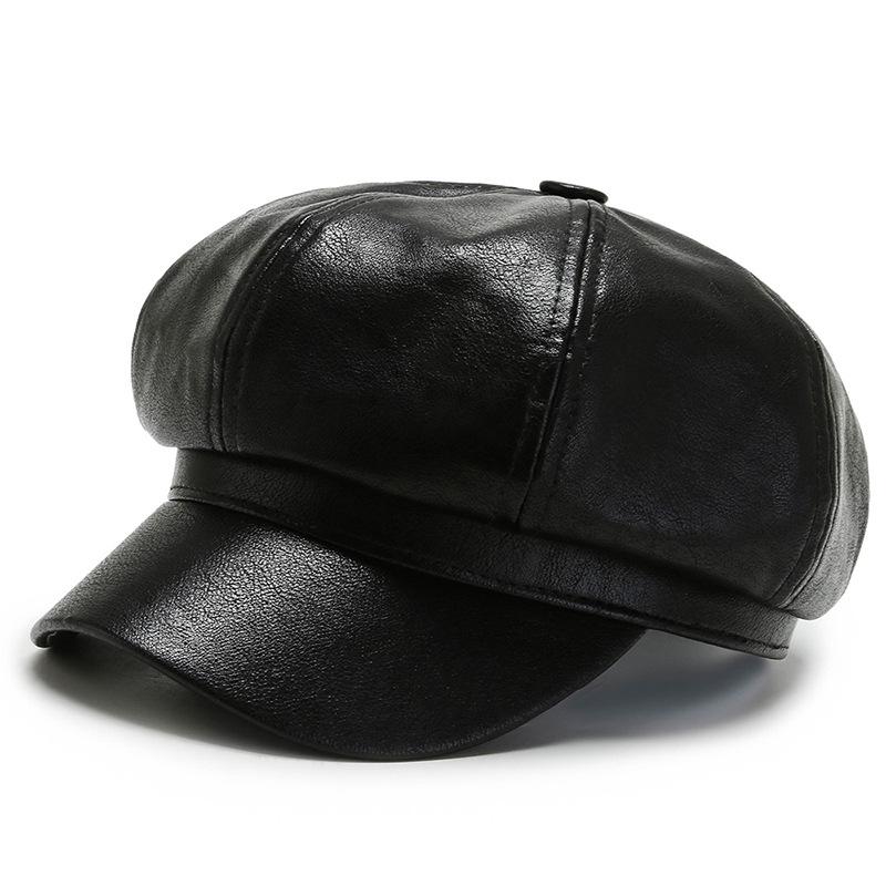 Autumn and Winter Trendy PU Leather Octagonal Hat Beret Outdoor Windproof and Warm Sun Hat Fashionable Casual Baseball Cap