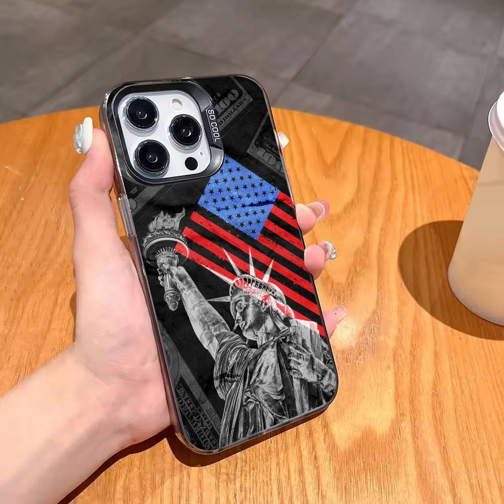Statue L-Liberty America USA Flag Phone Case For iPhone17,16,15,14,13,12,11,Pro,MAX White Matte Shockproof Cover