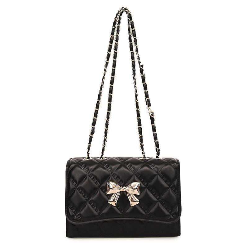 Rhombus casual chain solid color small square bag 2025 autumn new high value foreign style bow shoulder messenger bag
