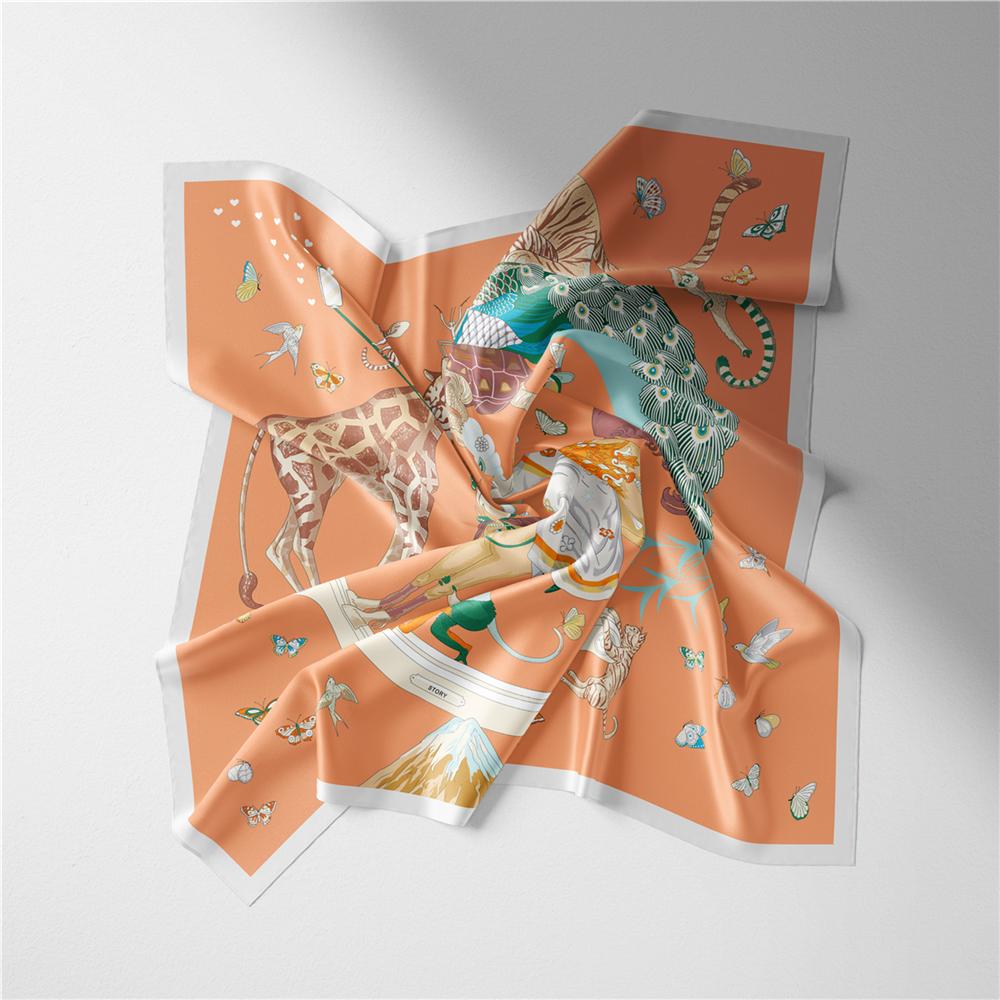 Twill Silk Scarf Woman Animals Painting Square Scarves Wraps Bandana Small Hijab Silk Foulards Tie Headband Neckerchief 53CM