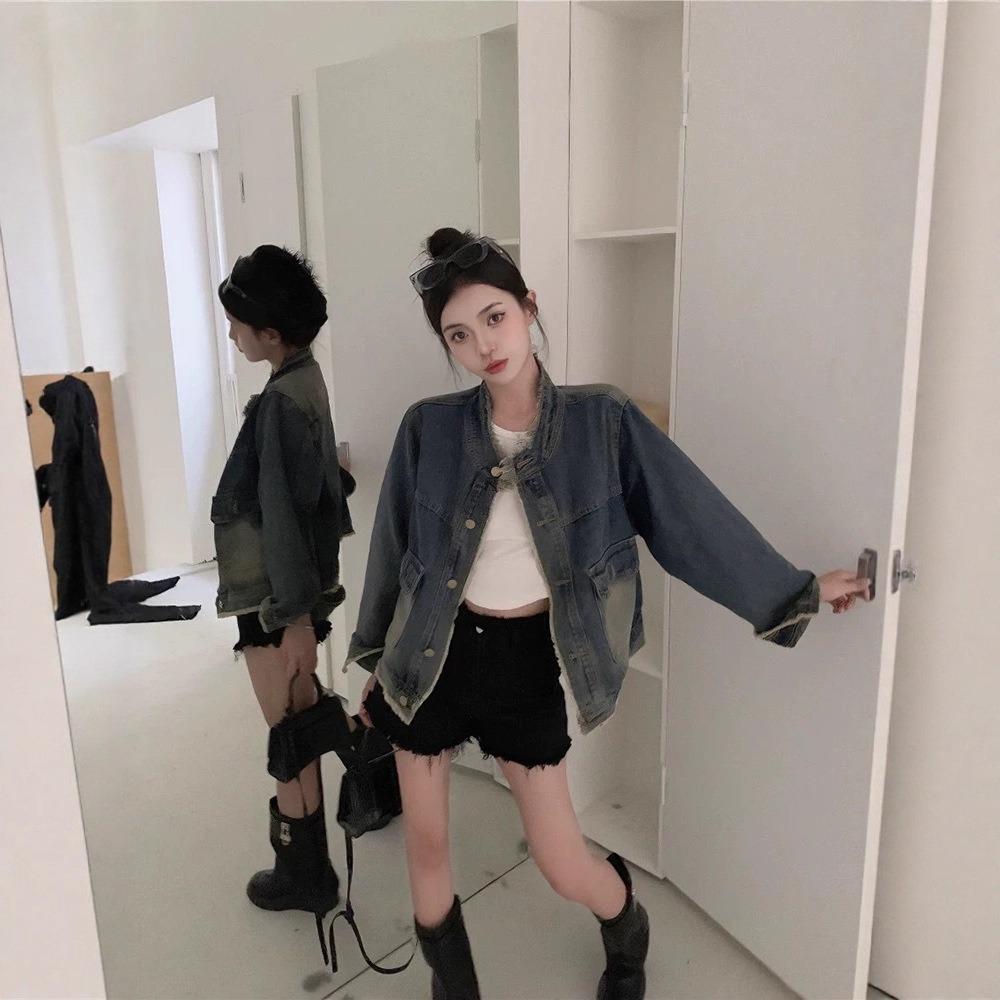 Women's Round Neck Long Sleeve Denim Jacket Loose Fit Vintage Commuter Outerwear Coat