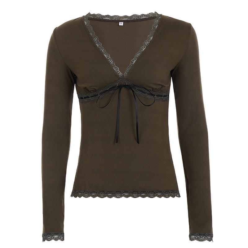 Spicy Girl V-neck Lace Patchwork Long Sleeve Slimming T-shirt with Bow Tie Large