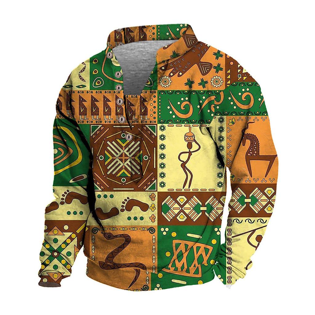 Pullover mit V-Ausschnitt für Herren, 3D-Digitaldruck, Stehkragen, 6 Knöpfe, Vintage-Kragen